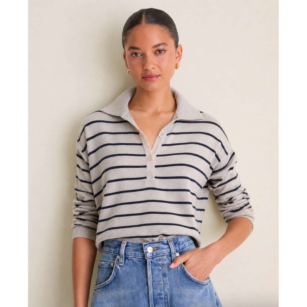 Tuckernuck Carlton Beige Navy Striped Oversized Polo Top Cottagecore | Size XS/S